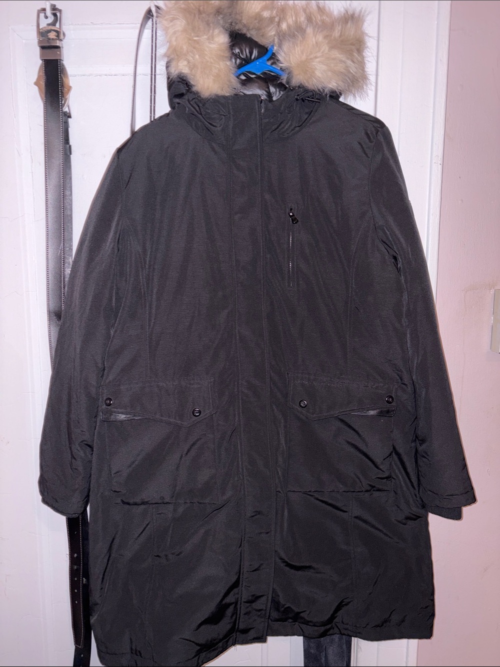 Men's Black Parka Coat with Faux Fur Hood